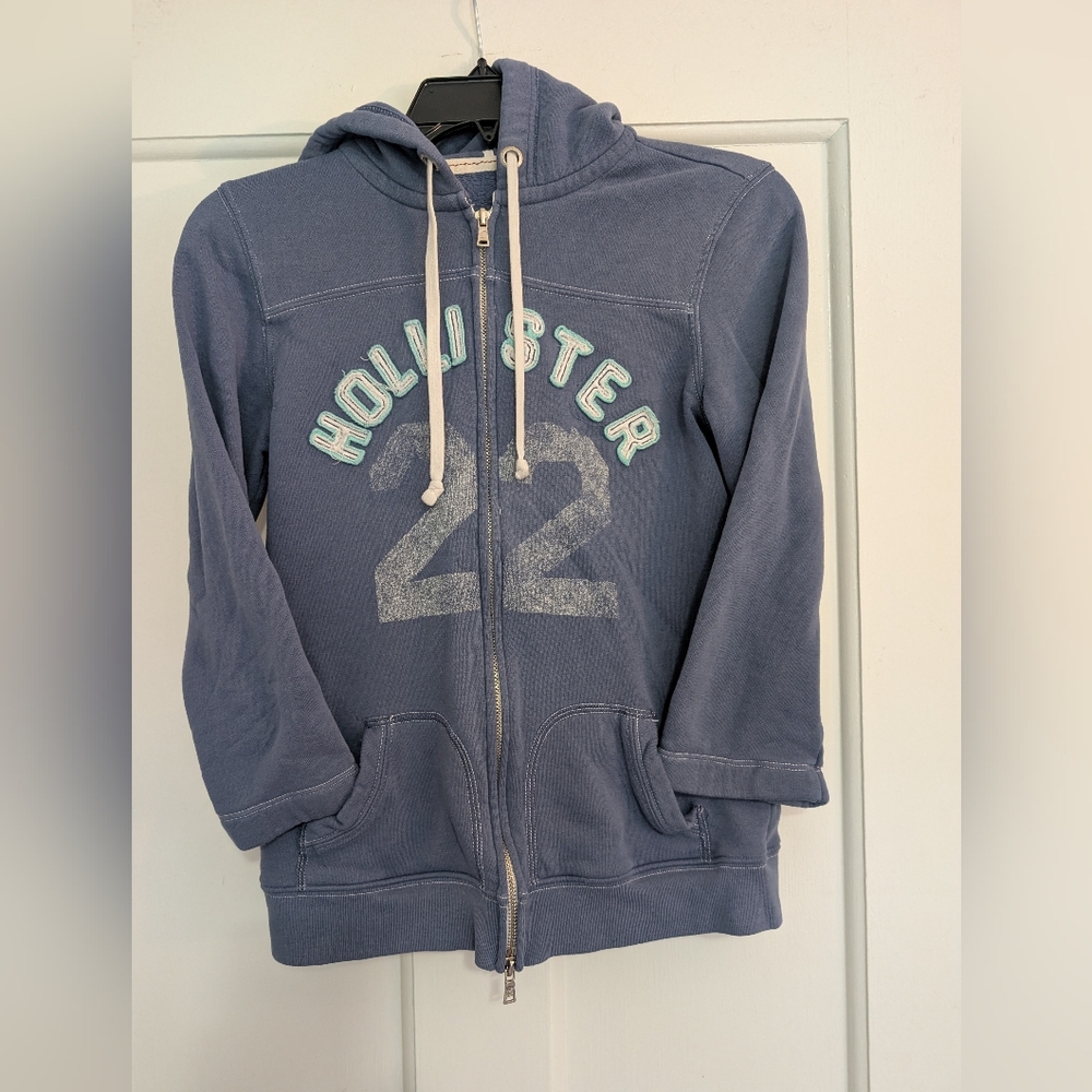 Hollister Women Full 2 Zip Hoodie Long Sleeve Athletic 22 Sweatshirt M Blue